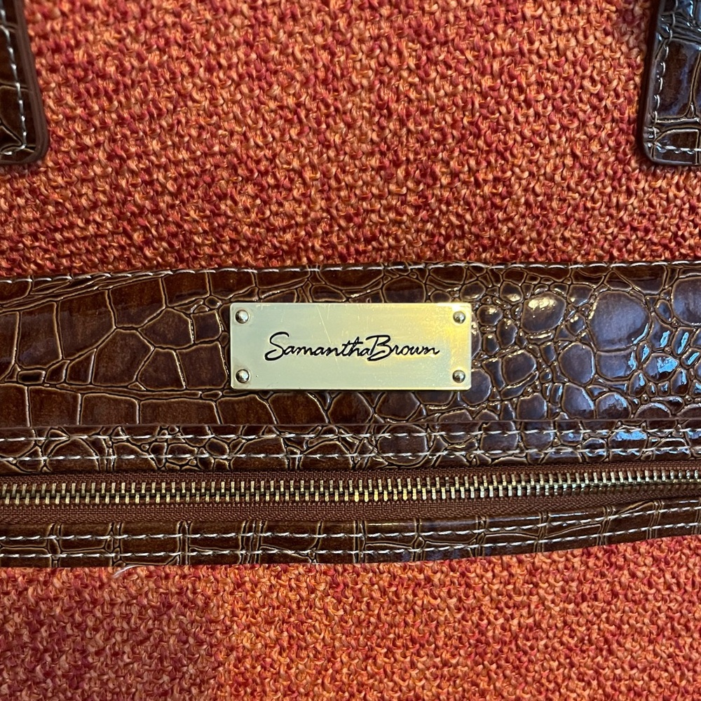 Samantha Brown Croco-Embossed Dowel Bag/Carry On - Orange W/ Brown Trim Pockets - Picture 2 of 14